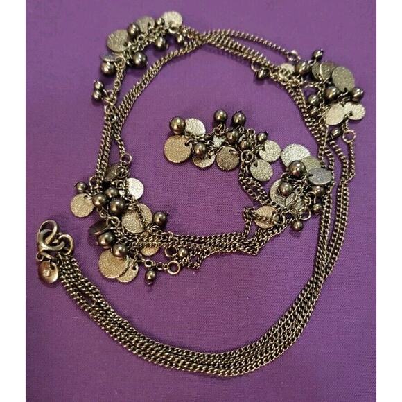 Long 2 Layer Necklace In Gunmetal Tone With Dangling Beads & Textured Discs - Picture 4 of 9